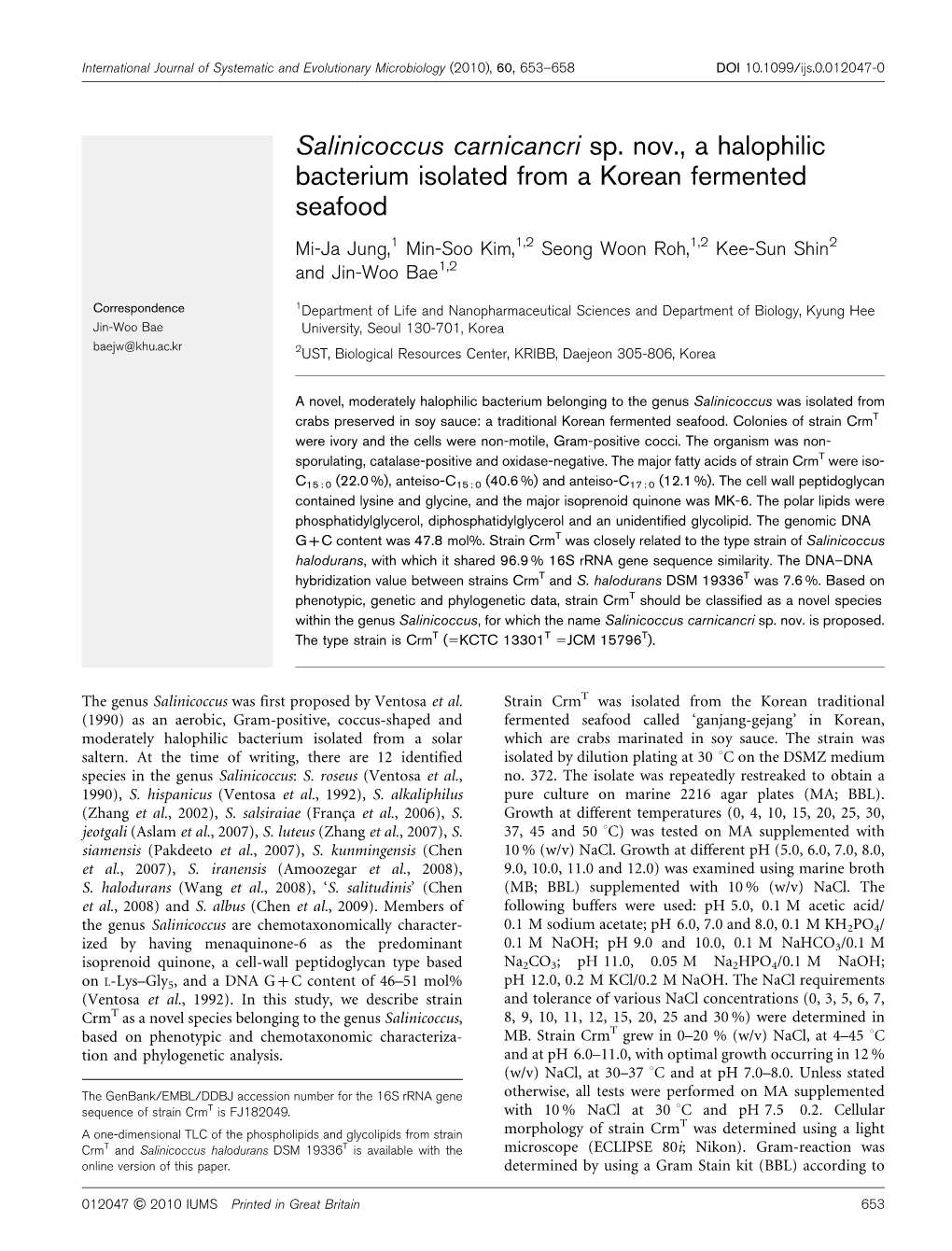 Salinicoccus Carnicancri Sp. Nov., a Halophilic Bacterium Isolated from a Korean Fermented Seafood