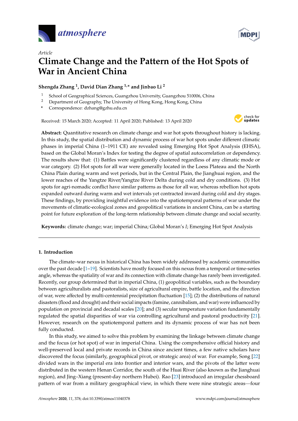 Climate Change and the Pattern of the Hot Spots of War in Ancient China