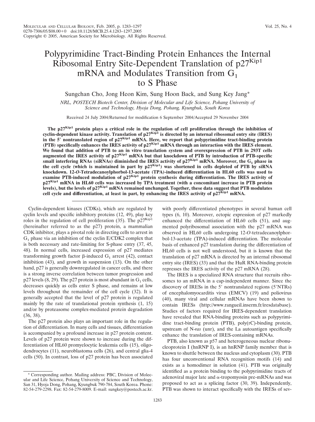 Polypyrimidine Tract-Binding Protein Enhances the Internal Ribosomal Entry Site-Dependent Translation of P27kip1