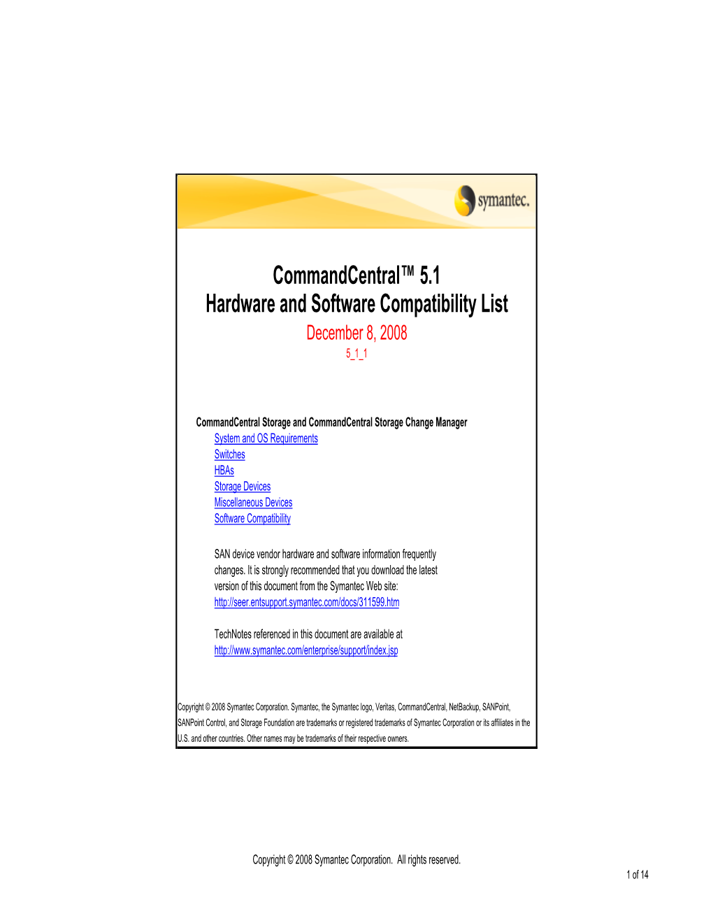 Veritas Commandcentral™ Storage 5.1 Hardware and Software