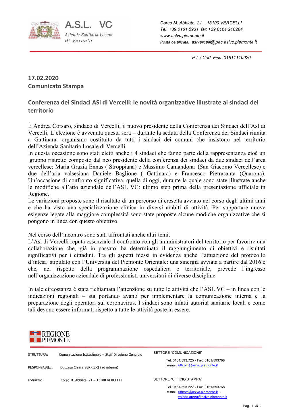 Conferenza Dei Sindaci Asl Di Vercelli: Le Novità Organizzative Illustrate Ai Sindaci Del Territorio