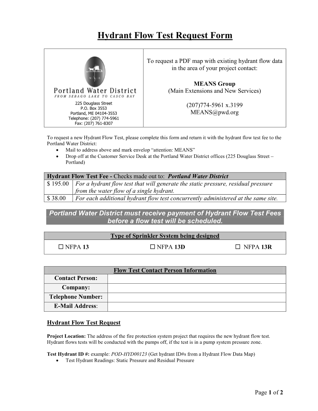 Hydrant Flow Test Request Form