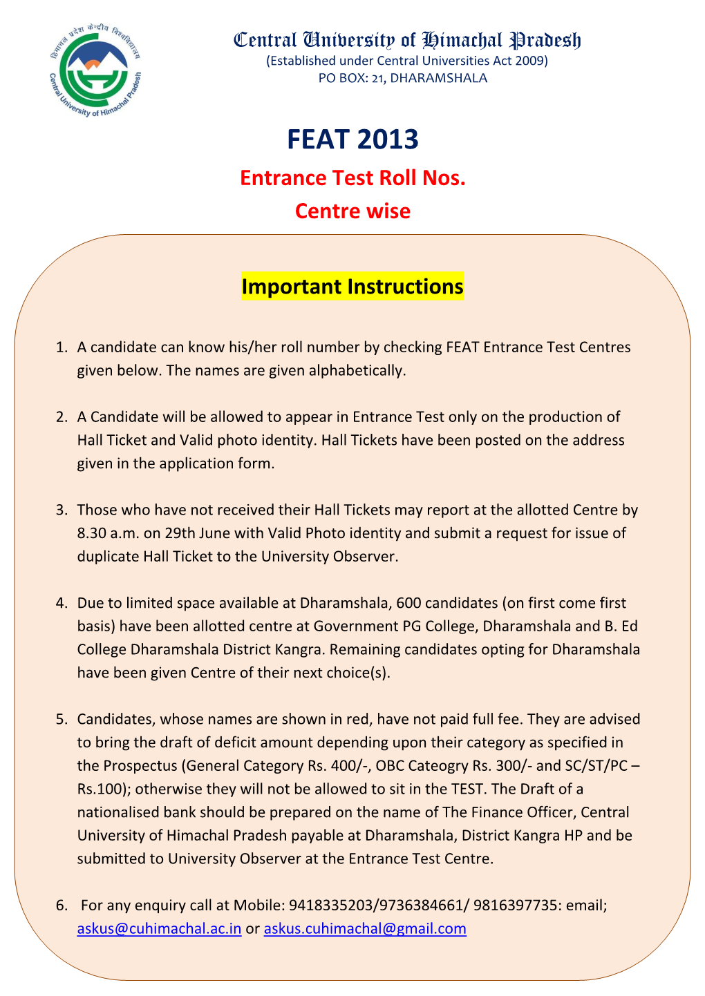 FEAT 2013 Entrance Test Roll Nos