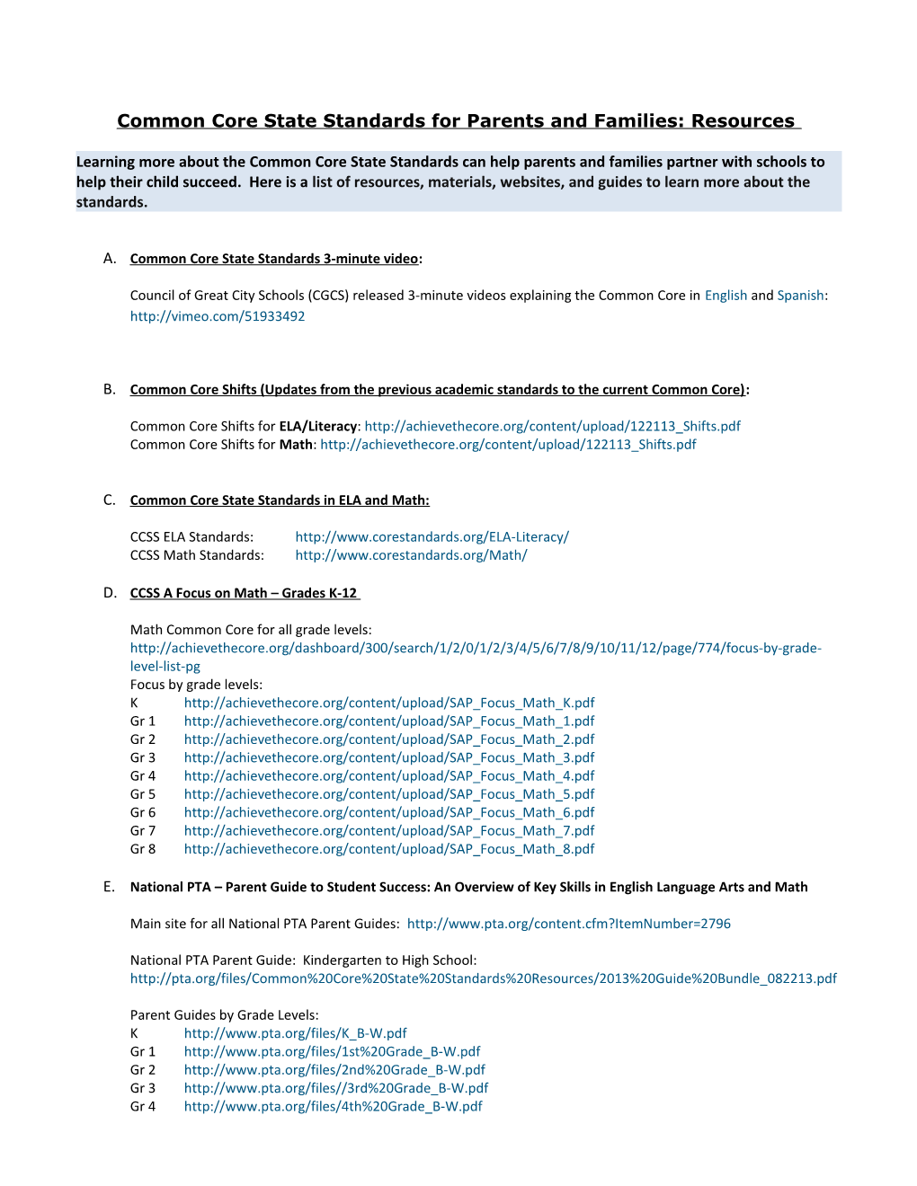 Common Core State Standards for Parents and Families: Resources