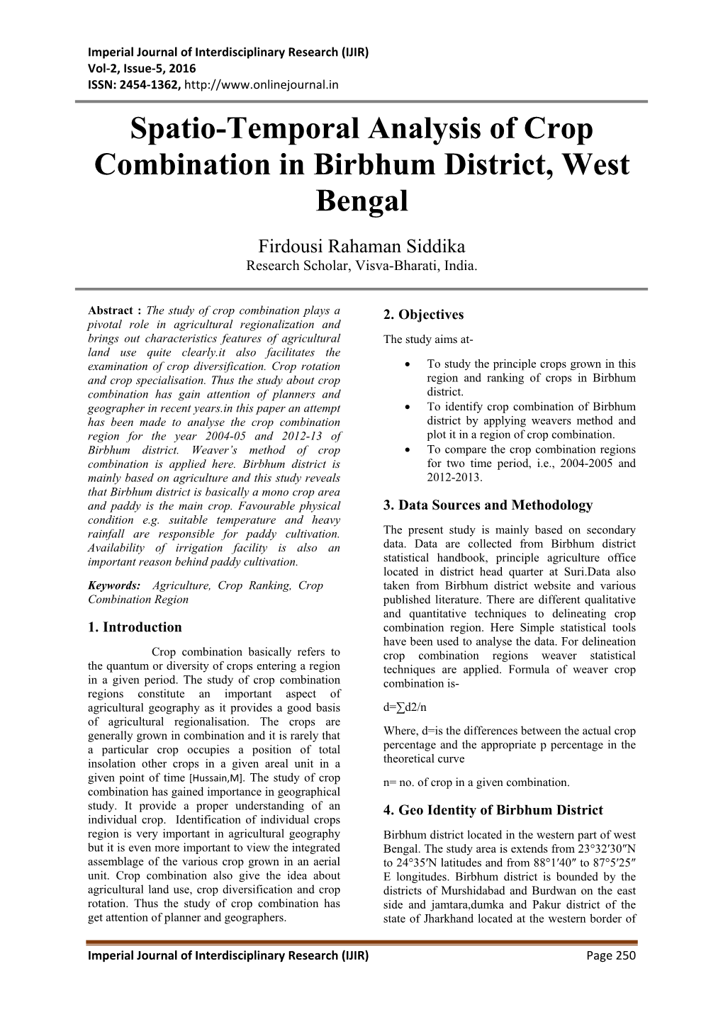 Spatio-Temporal Analysis of Crop Combination in Birbhum District, West Bengal