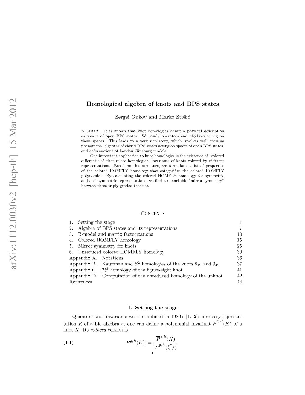 Arxiv:1112.0030V2 [Hep-Th] 15 Mar 2012 (1.1) Knot Tation .Urdcdclrdhml Oooy30 7 and Kauﬀman B