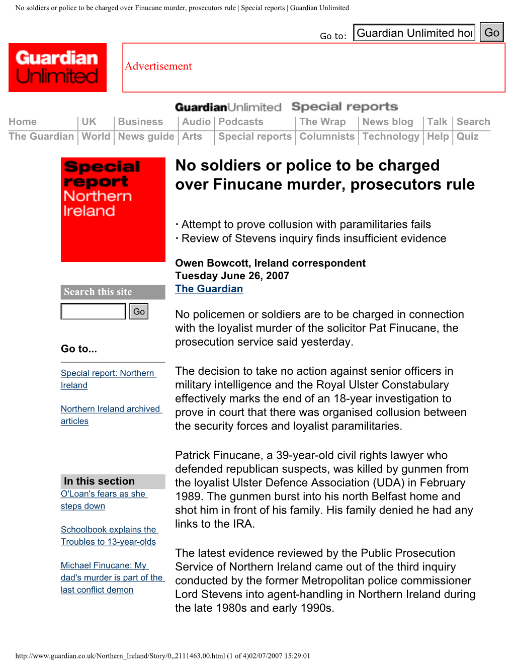 No Soldiers Or Police to Be Charged Over Finucane Murder, Prosecutors Rule | Special Reports | Guardian Unlimited