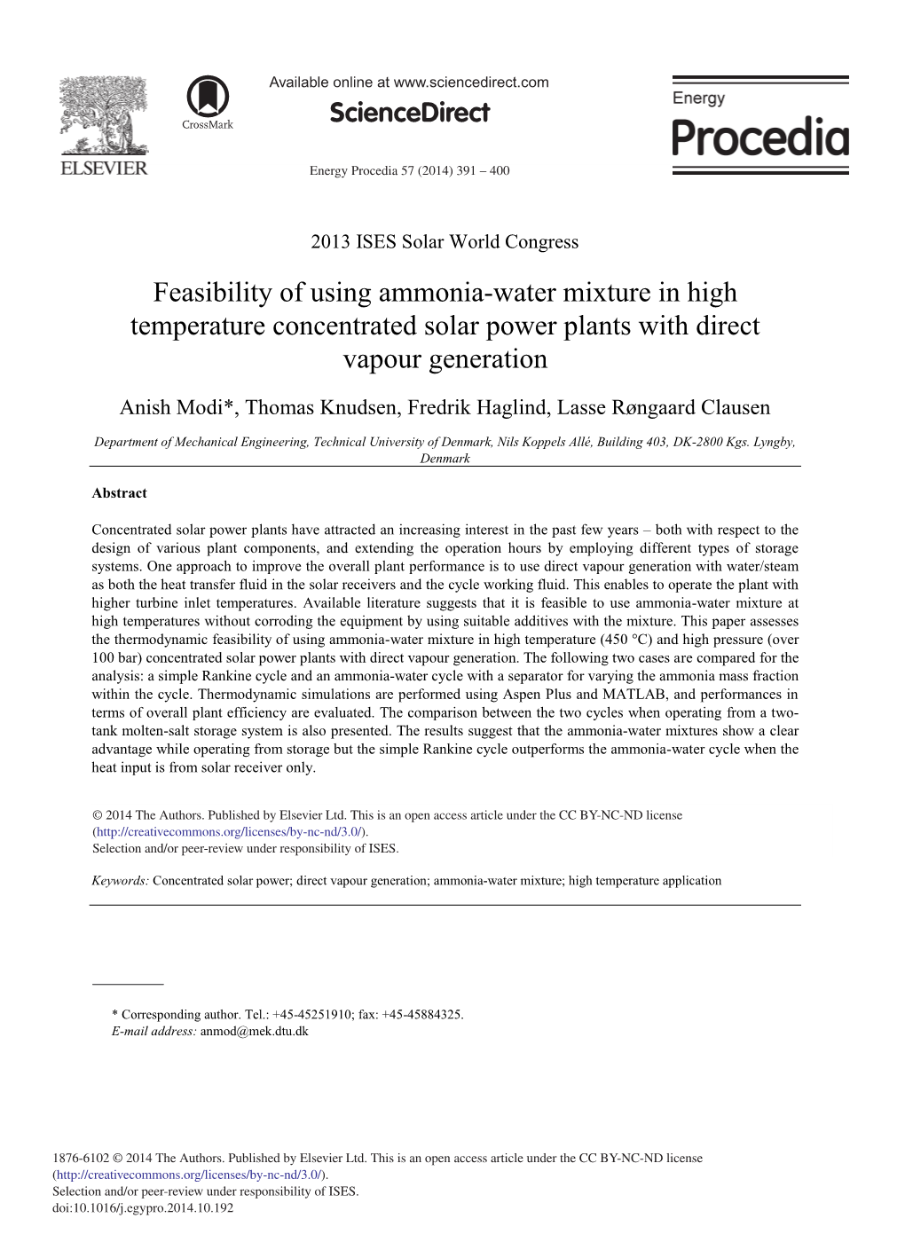 Feasibility of Using Ammonia-Water Mixture in High Temperature Concentrated Solar Power Plants with Direct Vapour Generation