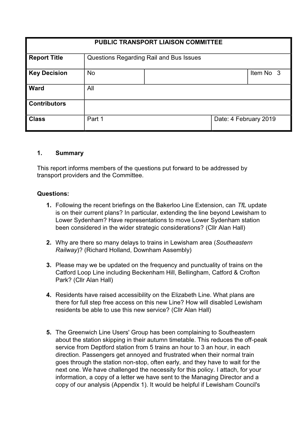 PUBLIC TRANSPORT LIAISON COMMITTEE Report Title Questions