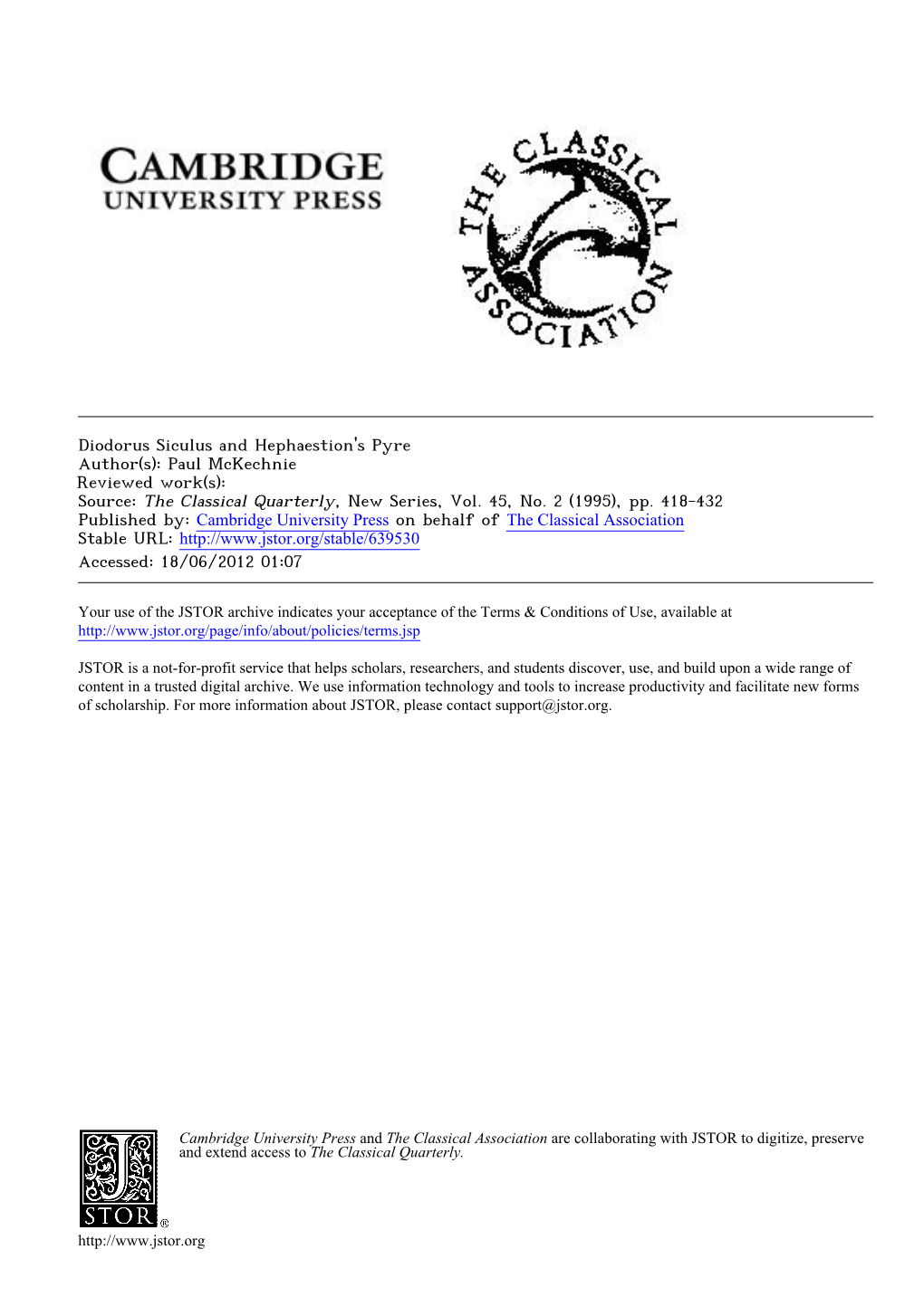 Diodorus Siculus and Hephaestion's Pyre Author(S): Paul Mckechnie Reviewed Work(S): Source: the Classical Quarterly, New Series, Vol