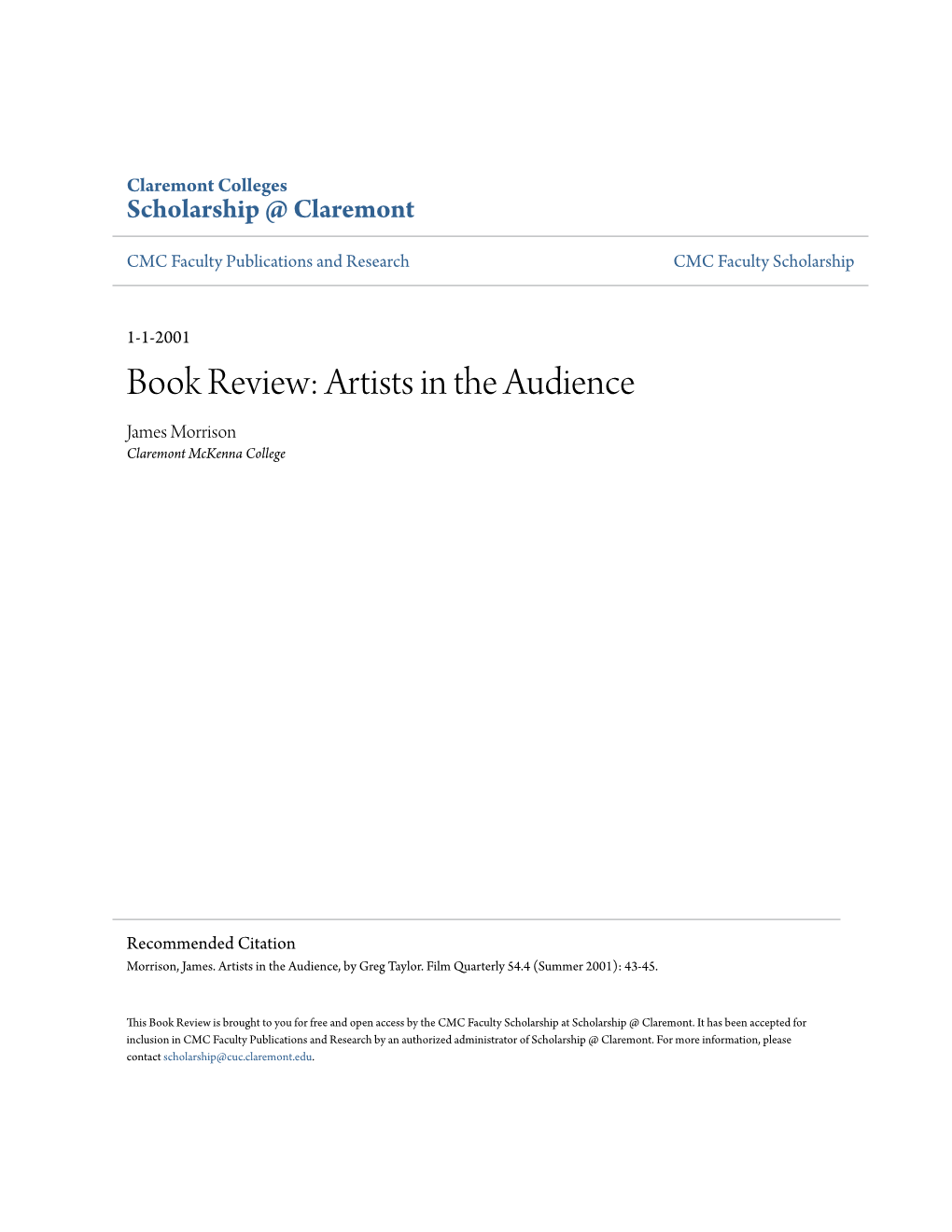 Book Review: Artists in the Audience James Morrison Claremont Mckenna College