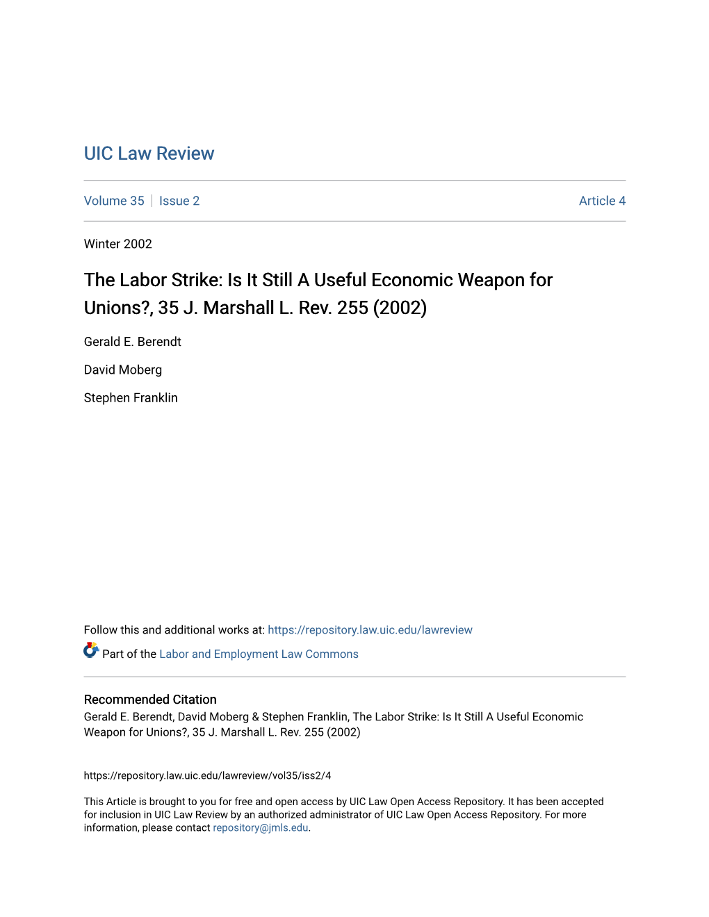 The Labor Strike: Is It Still a Useful Economic Weapon for Unions?, 35 J