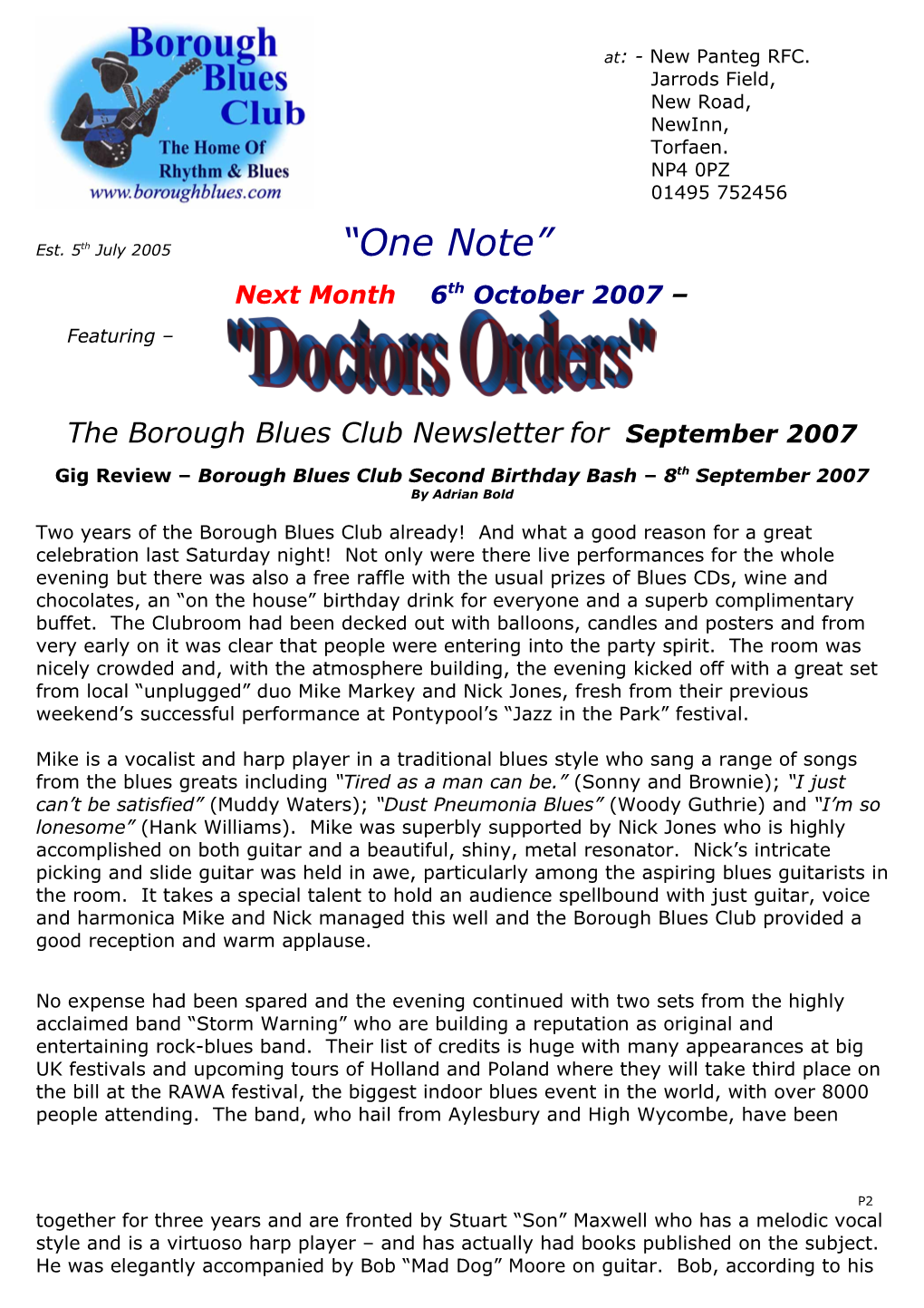 The Borough Blues Club Newsletter for September 2007