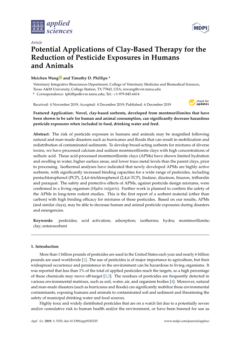 Potential Applications of Clay-Based Therapy for the Reduction of Pesticide Exposures in Humans and Animals