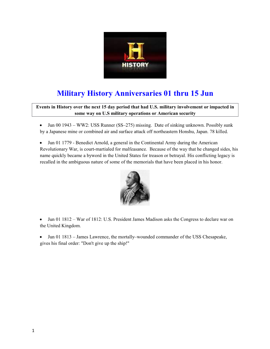 Military History Anniversaries 01 Thru 15 Jun