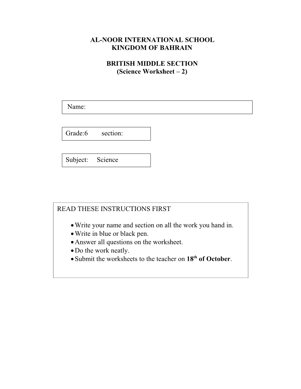 British Section Grade 6 Subject: Science