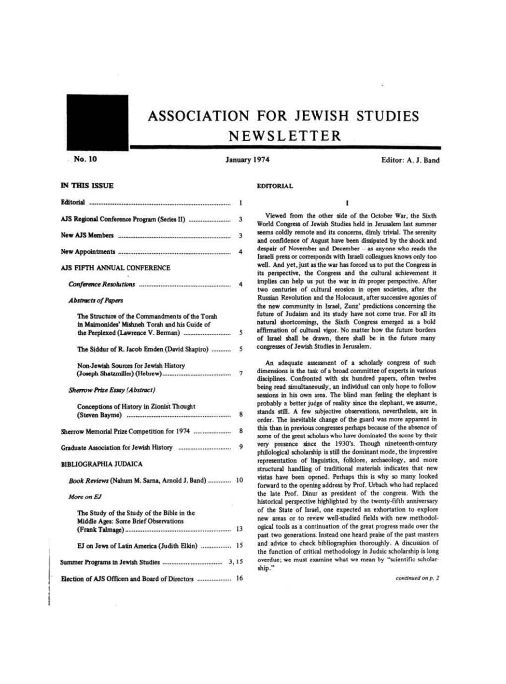 ASSOCIATION for JEWISH STUDIES NEWSLETTER No