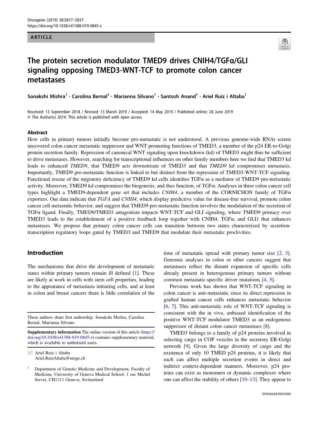 The Protein Secretion Modulator TMED9 Drives CNIH4/Tgfα/GLI Signaling Opposing TMED3-WNT-TCF to Promote Colon Cancer Metastases