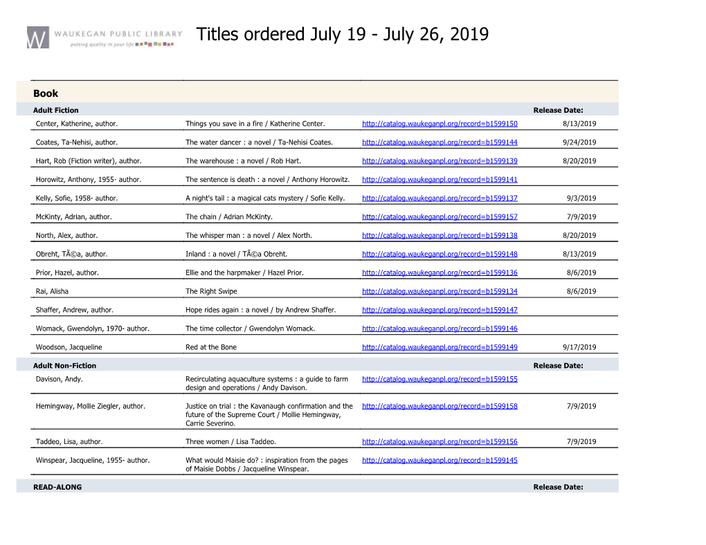 Titles Ordered July 19 - July 26, 2019