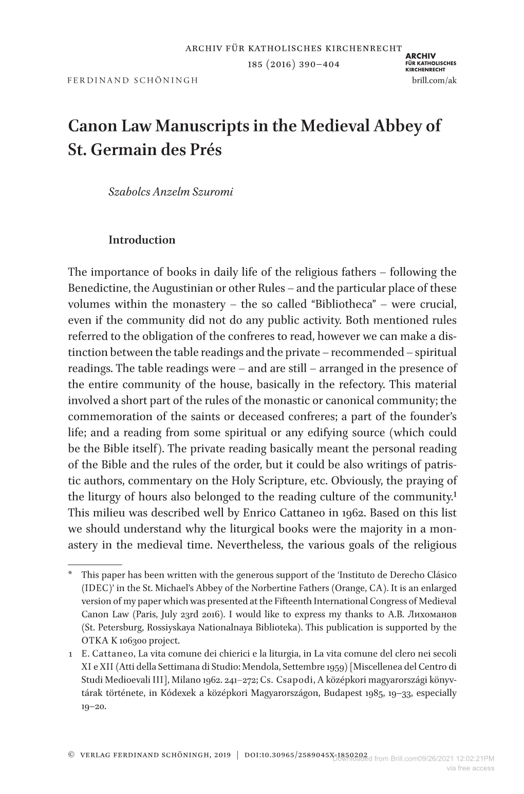 Canon Law Manuscripts in the Medieval Abbey of St. Germain Des Prés