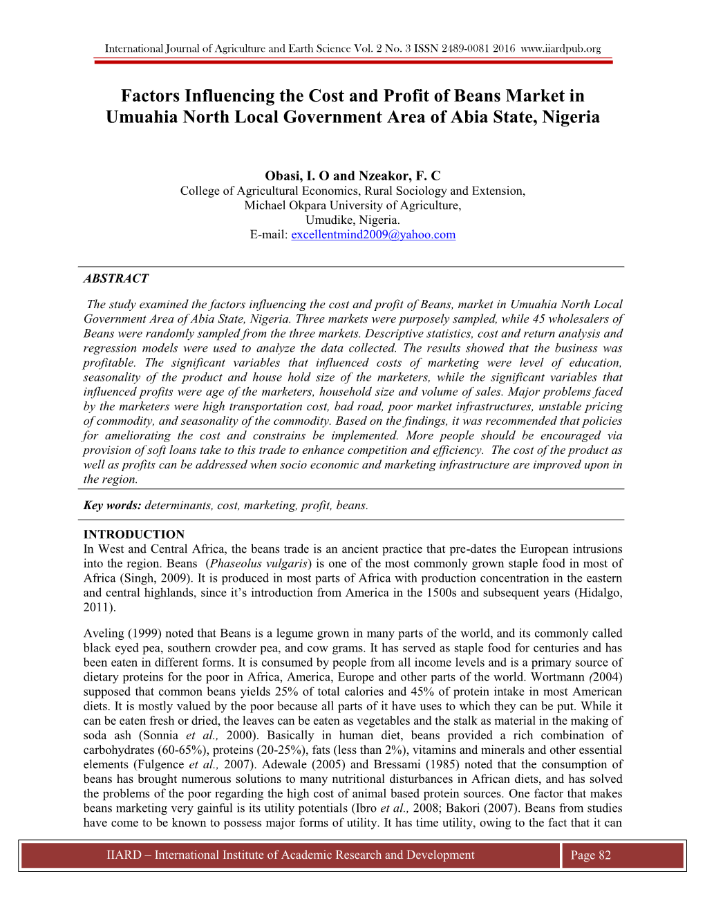 Factors Influencing the Cost and Profit of Beans Market in Umuahia North Local Government Area of Abia State, Nigeria