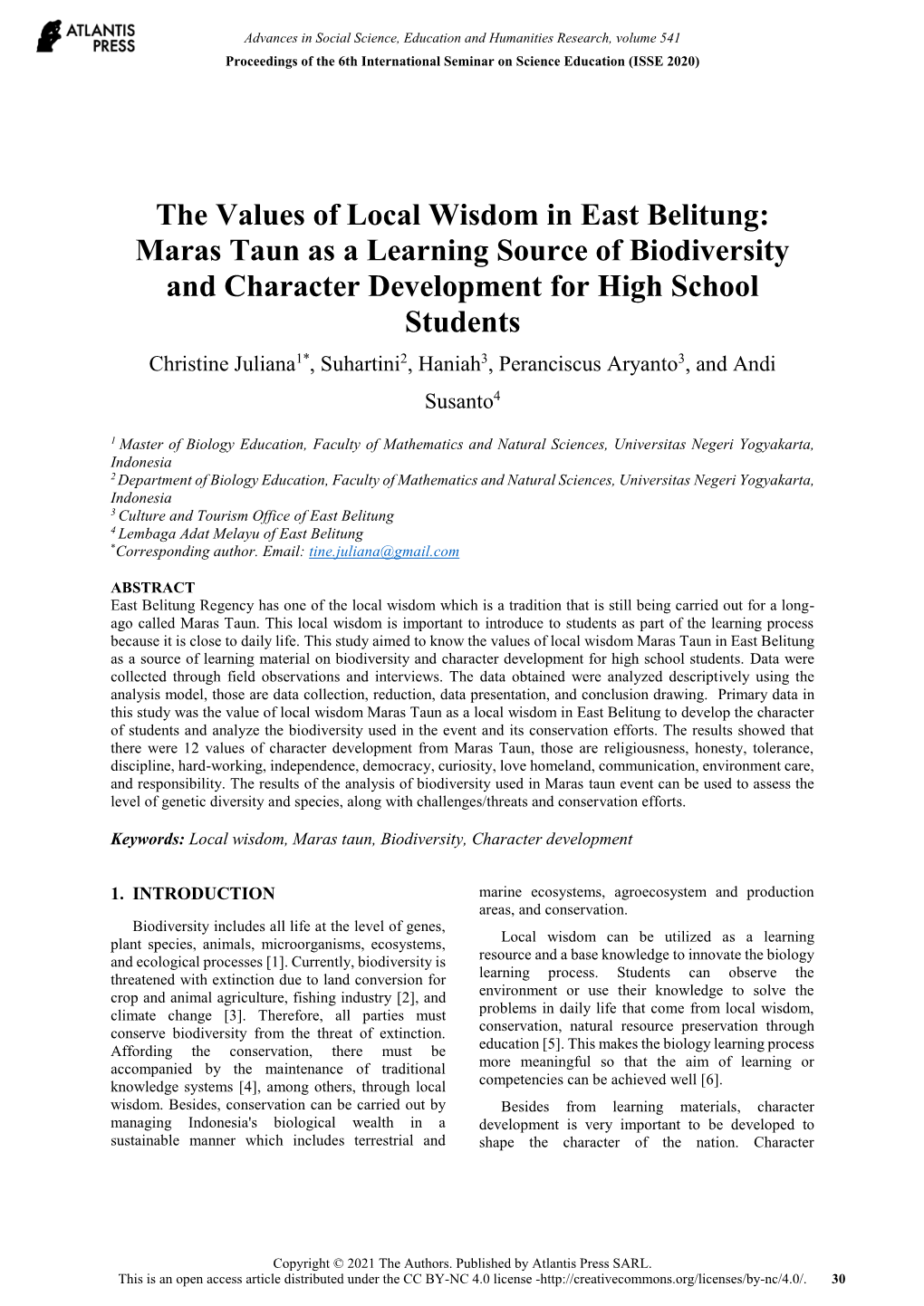 The Values of Local Wisdom in East Belitung: Maras Taun As a Learning