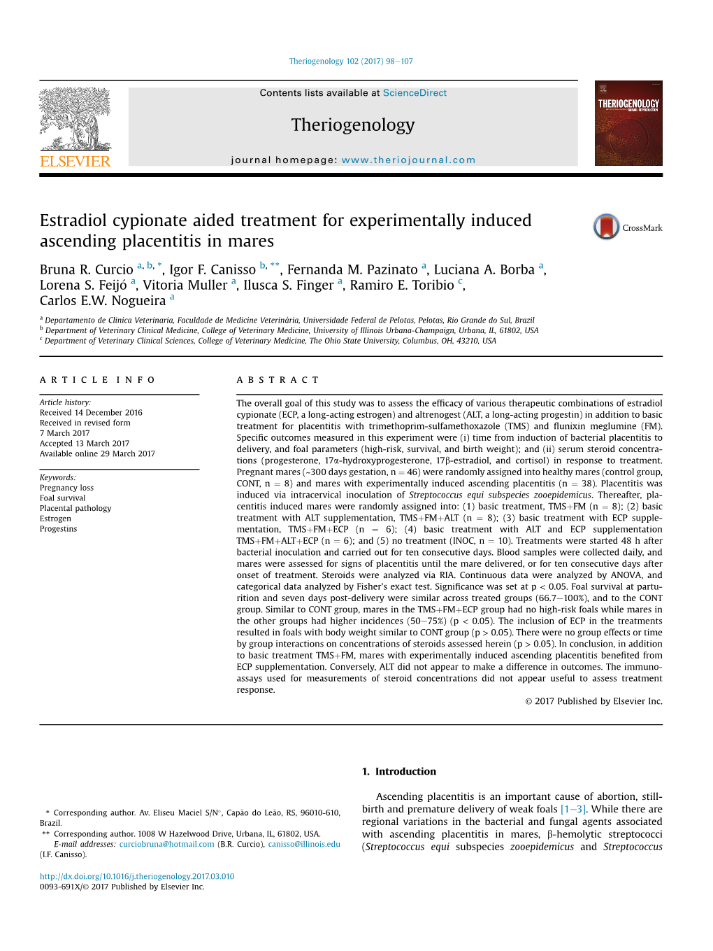 Estradiol Cypionate Aided Treatment for Experimentally Induced Ascending Placentitis in Mares