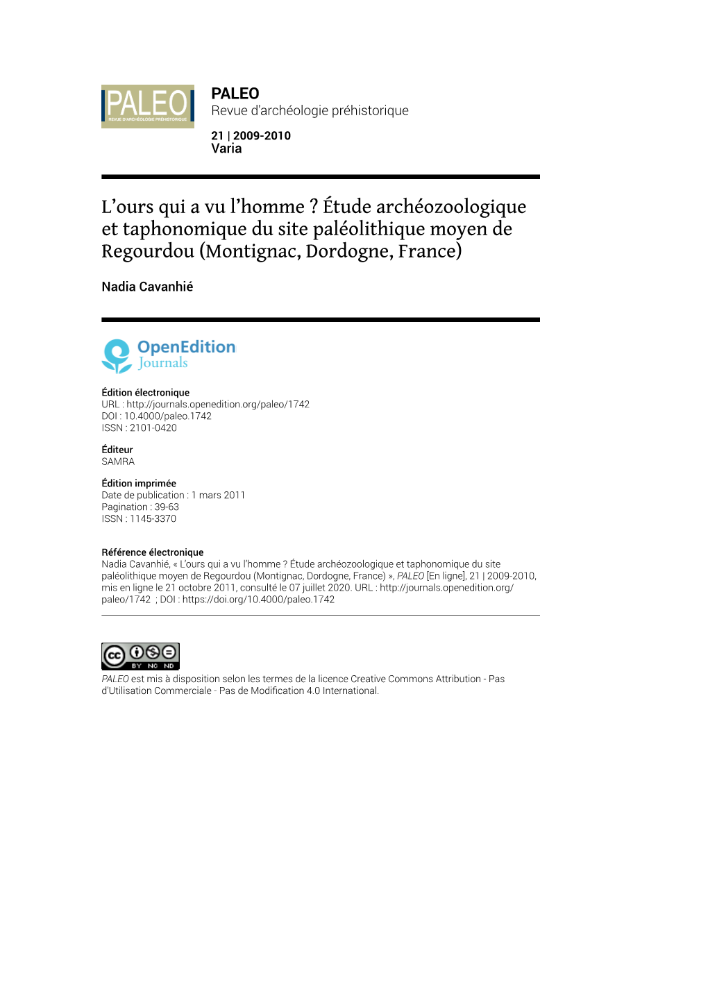 Étude Archéozoologique Et Taphonomique Du Site Paléolithique Moyen De Regourdou (Montignac, Dordogne, France)