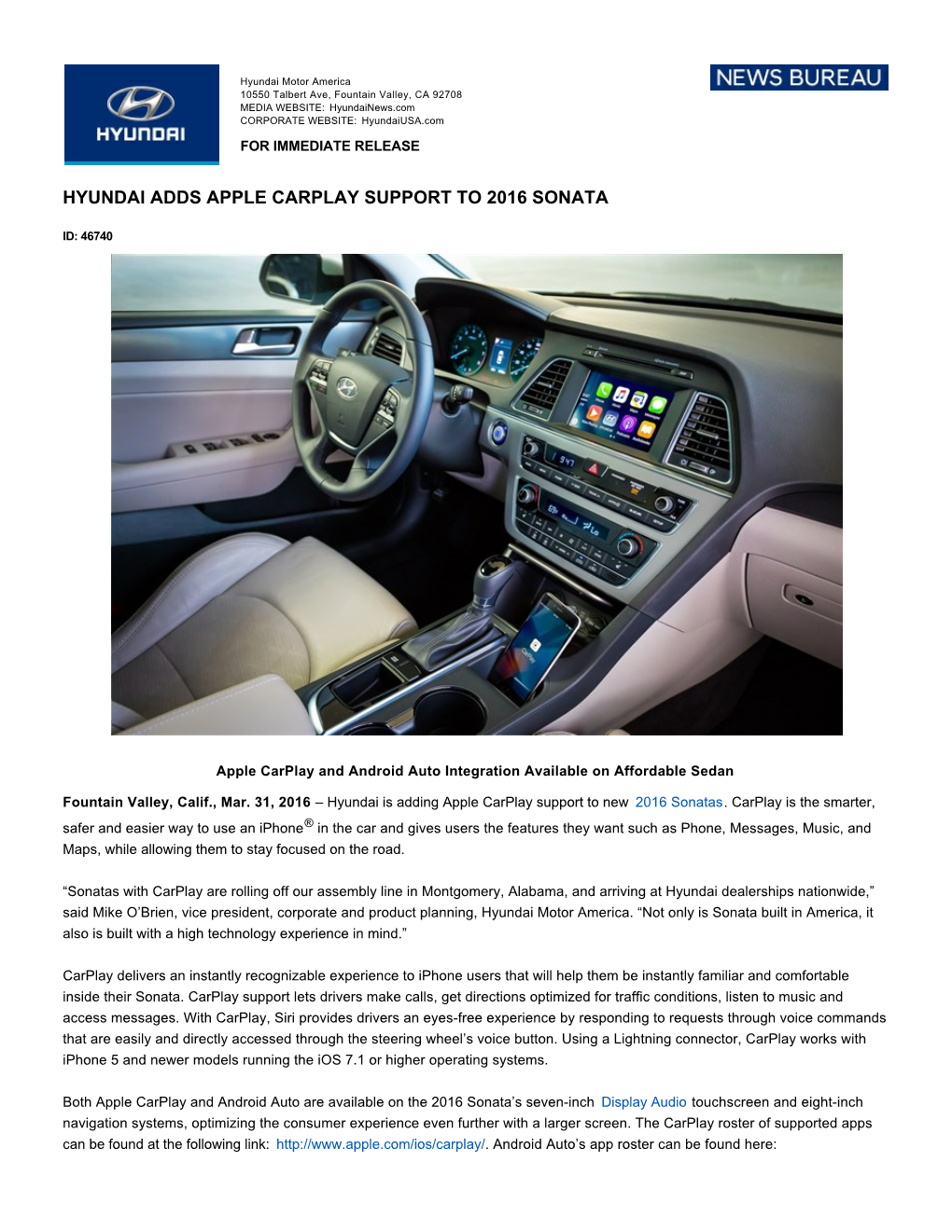 Hyundai Adds Apple Carplay Support to 2016 Sonata