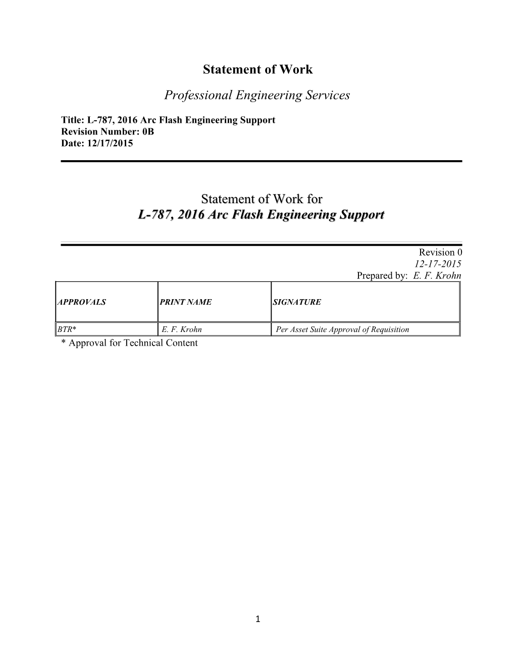 Title: L-787, 2016 Arc Flash Engineering Support