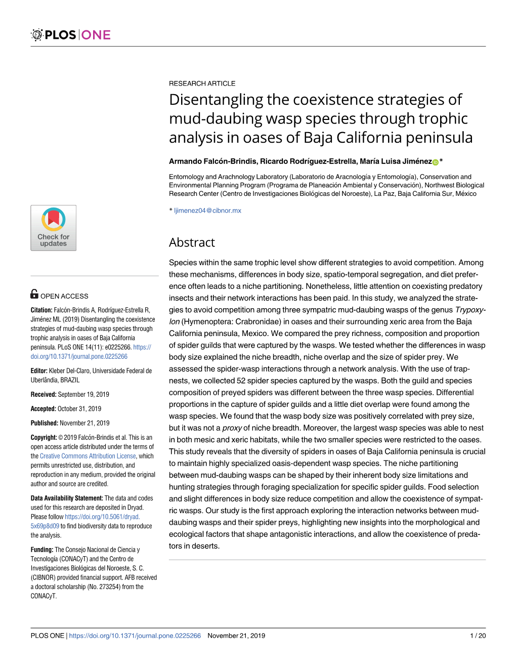 Disentangling the Coexistence Strategies of Mud-Daubing Wasp Species Through Trophic Analysis in Oases of Baja California Peninsula