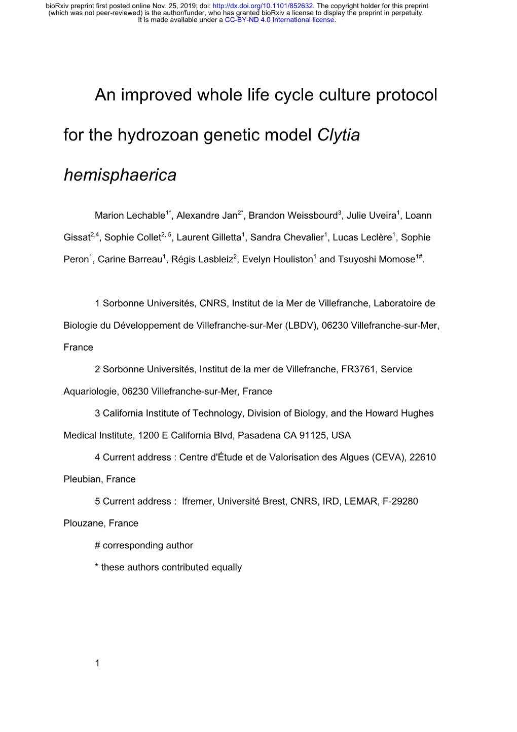 An Improved Whole Life Cycle Culture Protocol for the Hydrozoan Genetic Model Clytia Hemisphaerica, Lechable Et Al.) Biorxiv Preprint First Posted Online Nov