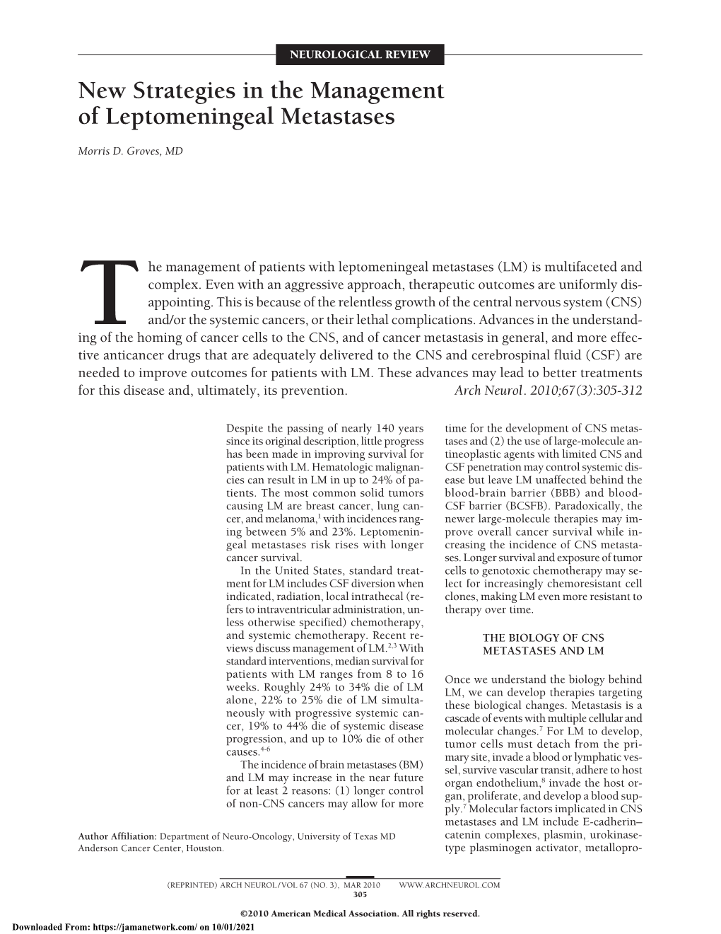 New Strategies in the Management of Leptomeningeal Metastases