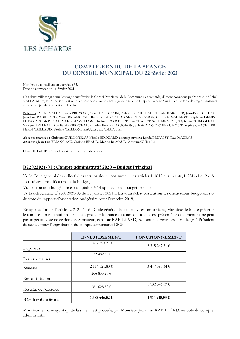 COMPTE-RENDU DE LA SEANCE DU CONSEIL MUNICIPAL DU 22 Février 2021