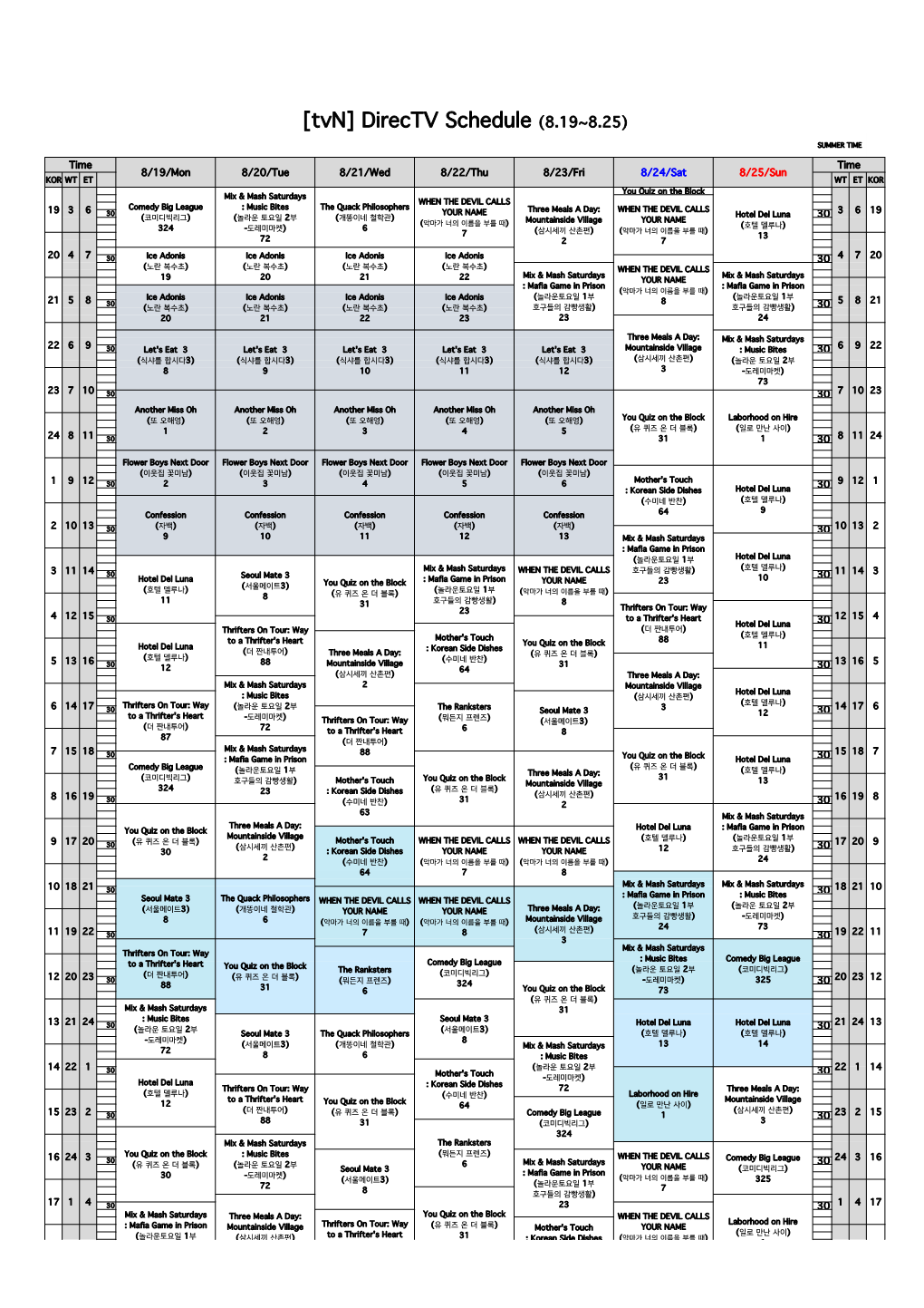 Tvn] Directv Schedule (8.19~8.25)