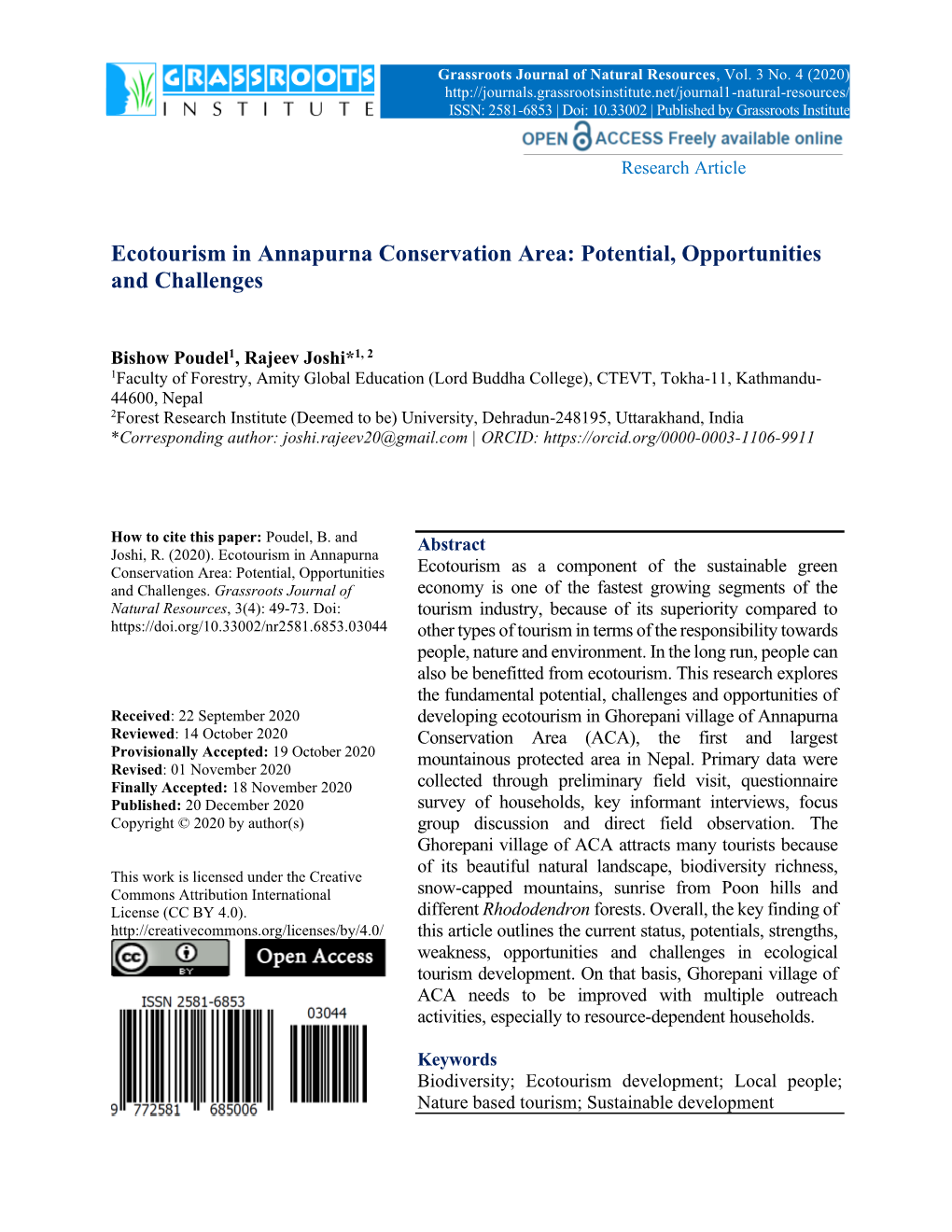 Ecotourism in Annapurna Conservation Area: Potential, Opportunities and Challenges