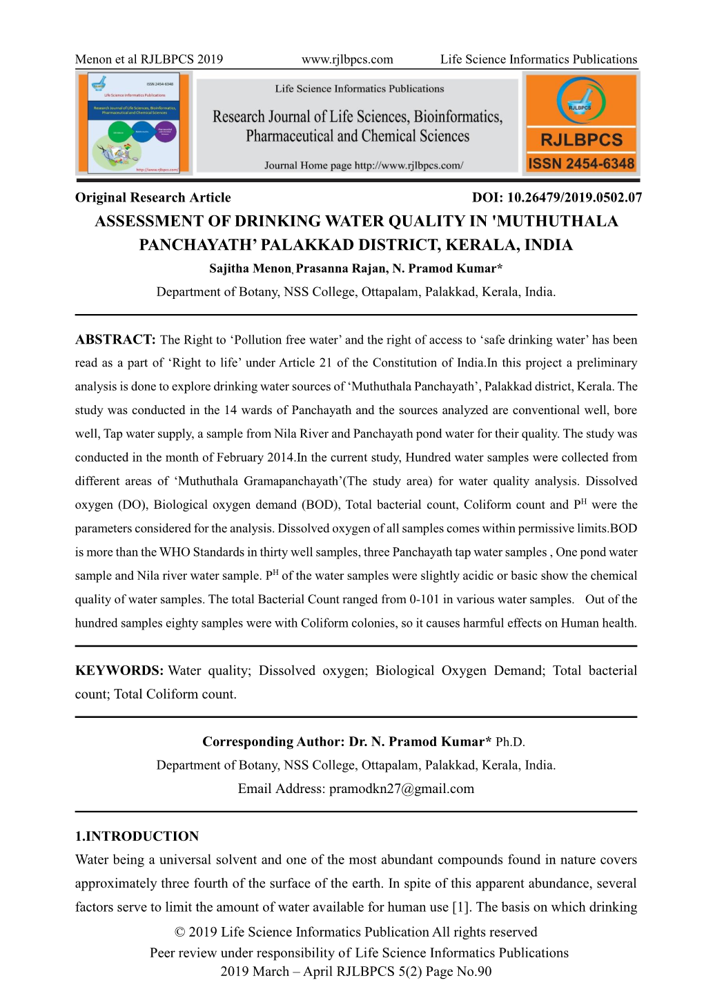 Assessment of Drinking Water Quality in 'Muthuthala Panchayath' Palakkad District, Kerala, India