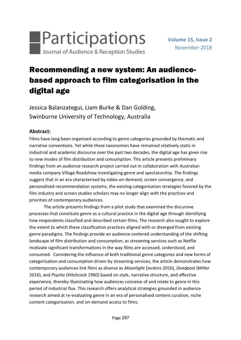 Recommending a New System: an Audience- Based Approach to Film Categorisation in the Digital Age