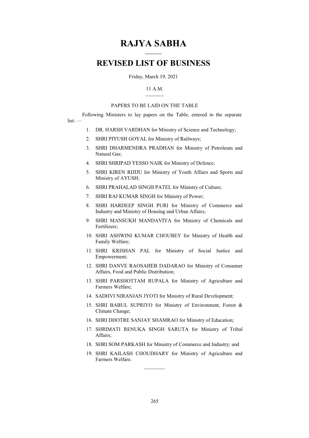 Rajya Sabha —— Revised List of Business