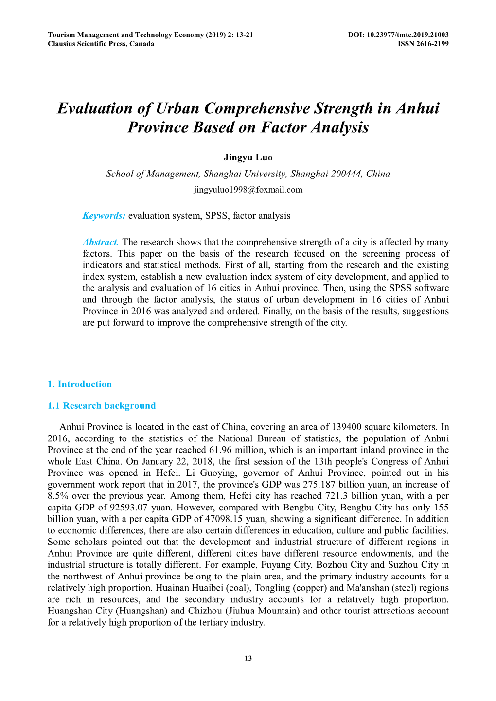 Evaluation of Urban Comprehensive Strength in Anhui Province Based on Factor Analysis