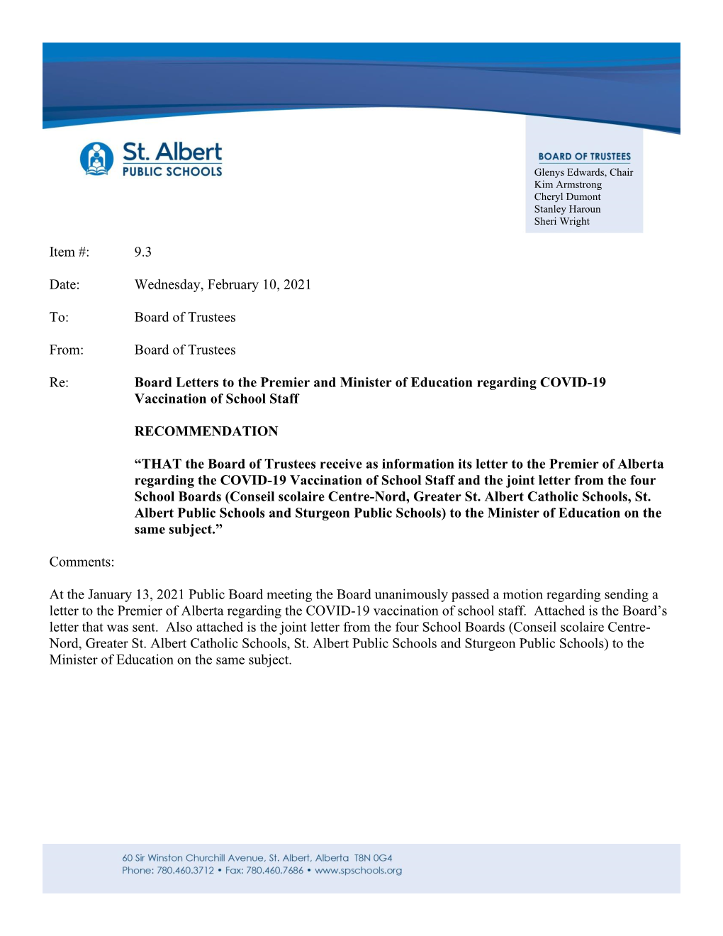 Board Letters to the Premier and Minister of Education Regarding COVID-19 Vaccination of School Staff