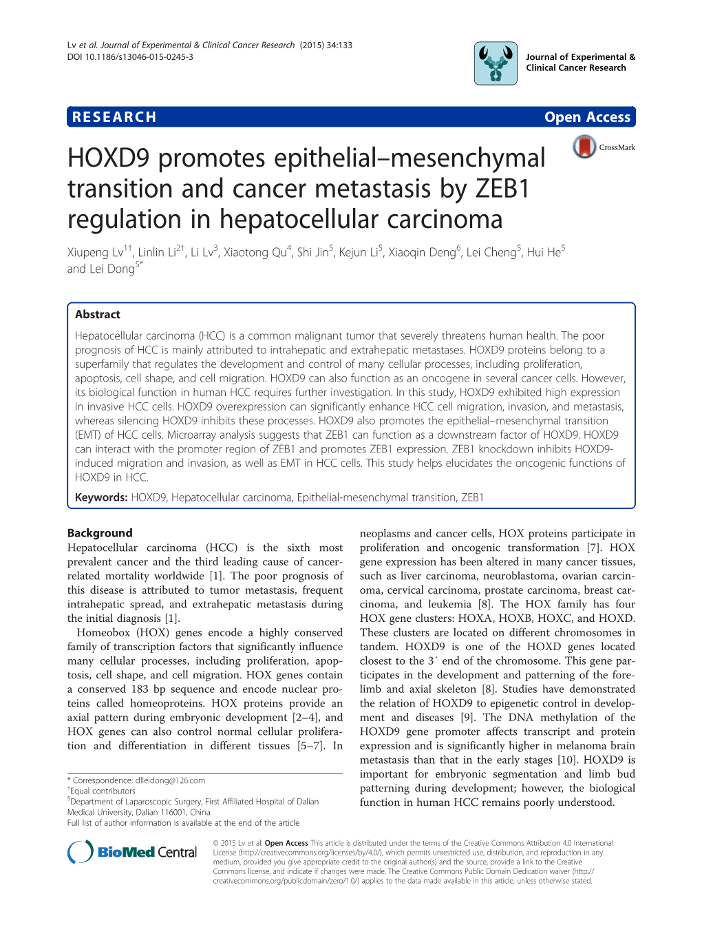 HOXD9 Promotes Epithelial–Mesenchymal Transition and Cancer Metastasis by ZEB1 Regulation in Hepatocellular Carcinoma