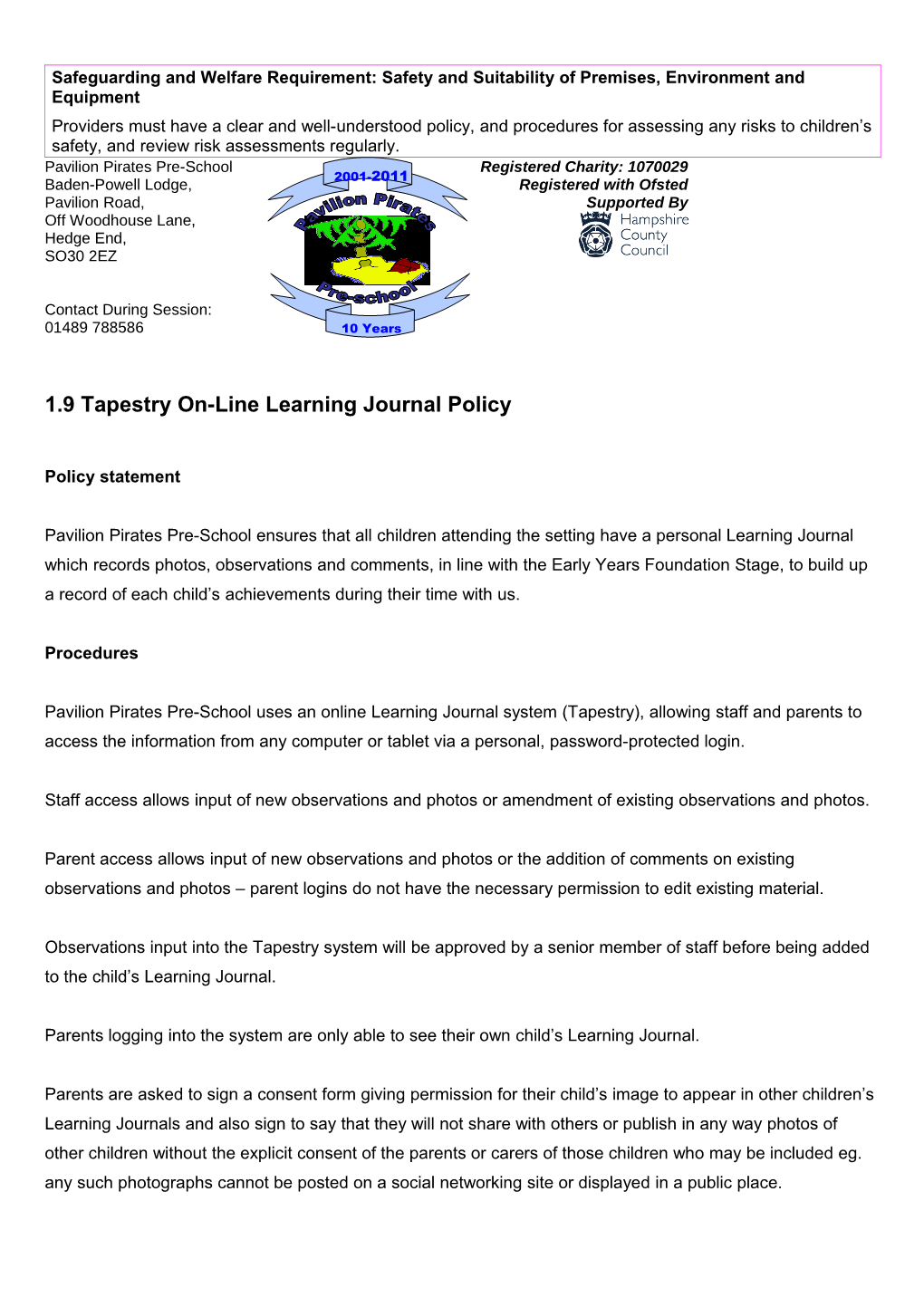 1.9 Tapestry On-Line Learning Journal Policy