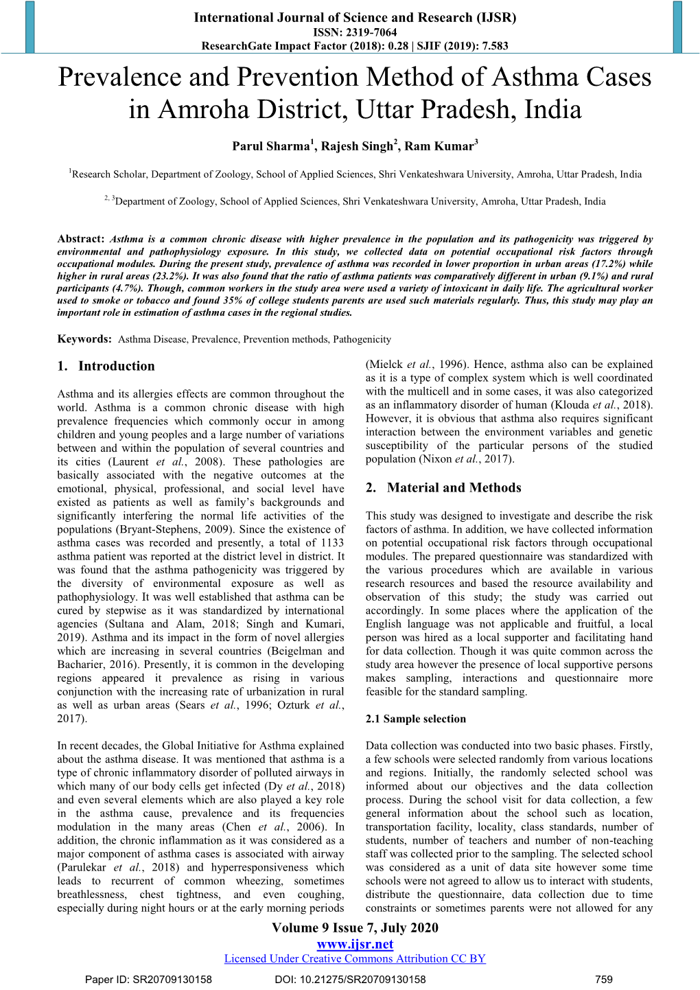 Prevalence and Prevention Method of Asthma Cases in Amroha District, Uttar Pradesh, India