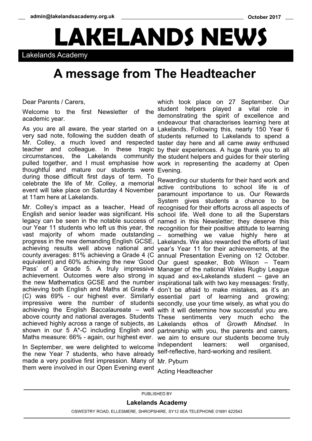 LAKELANDS NEWS Lakelands Academy a Message from the Headteacher