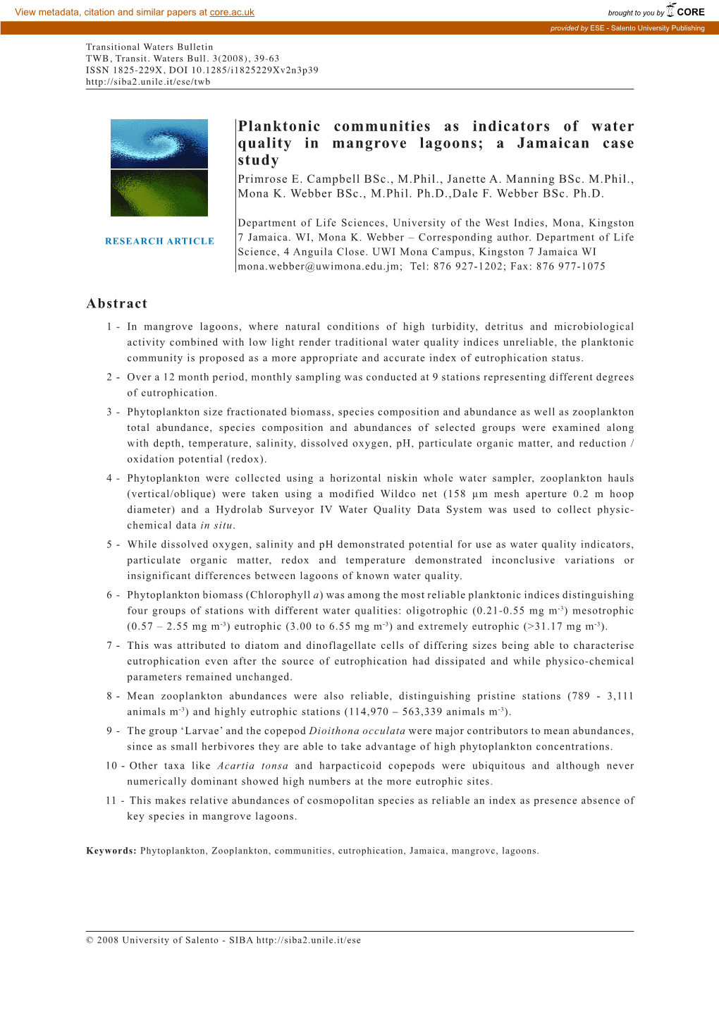 Planktonic Communities As Indicators of Water Quality in Mangrove Lagoons; a Jamaican Case Study Primrose E