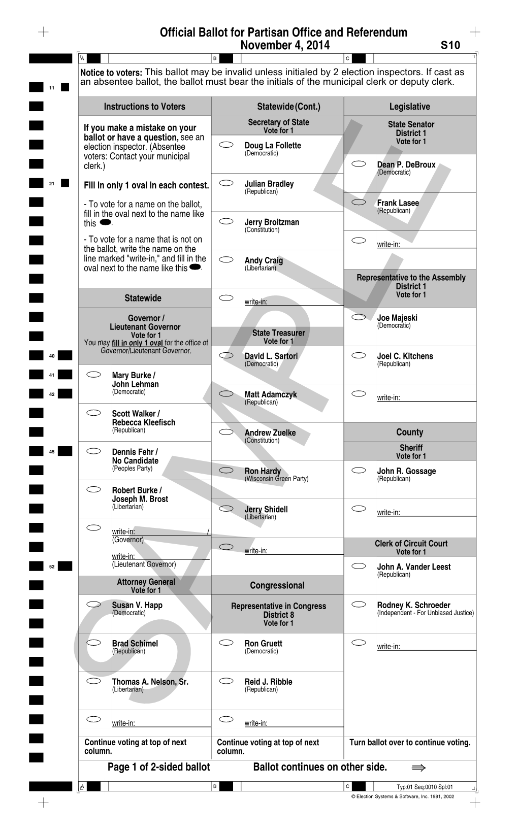 Official Ballot for Partisan Office and Referendum November 4, 2014 S10 a B C Notice to Voters: This Ballot May Be Invalid Unless Initialed by 2 Election Inspectors