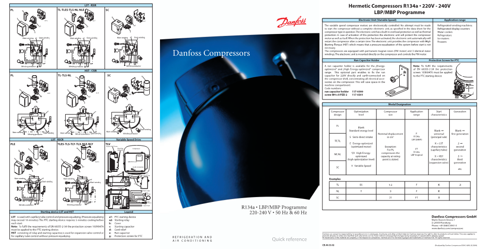 Hermetic Compressors R134a • 220V - 240V PL G TL-TLES-TLS-NL-NLE SC G LBP/MBP Programme B B B 8224 8217 8221 Electronic Unit (Variable Speed) Application Range