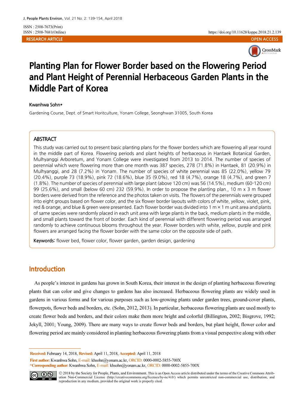 Planting Plan for Flower Border Based on the Flowering Period and Plant Height of Perennial Herbaceous Garden Plants in the Middle Part of Korea