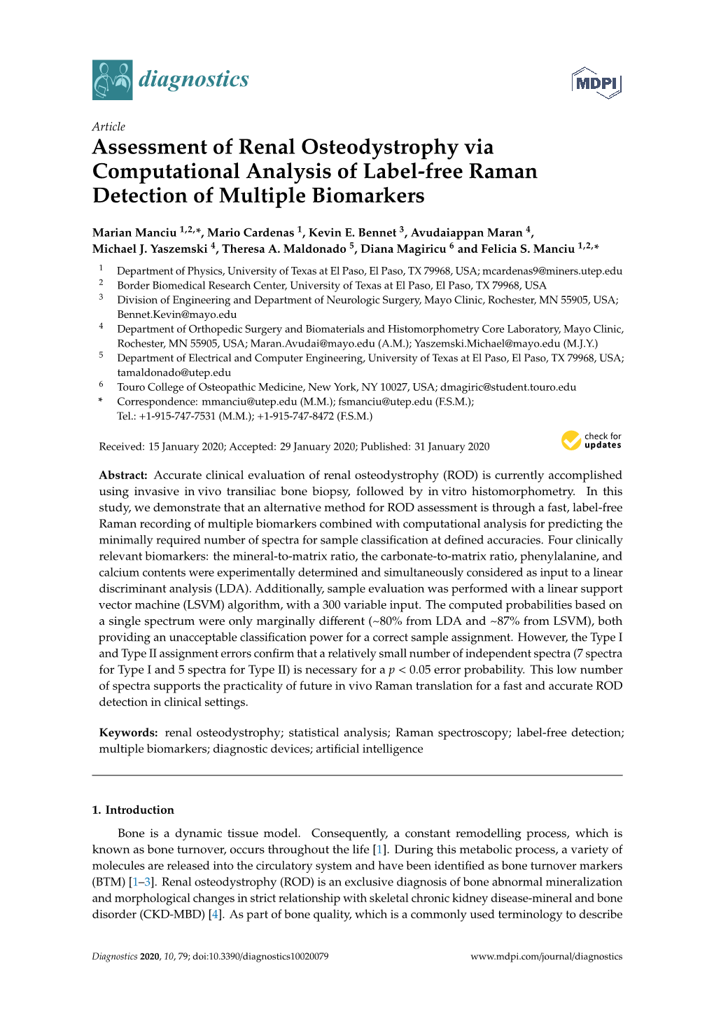 Assessment of Renal Osteodystrophy Via Computational Analysis of Label-Free Raman Detection of Multiple Biomarkers